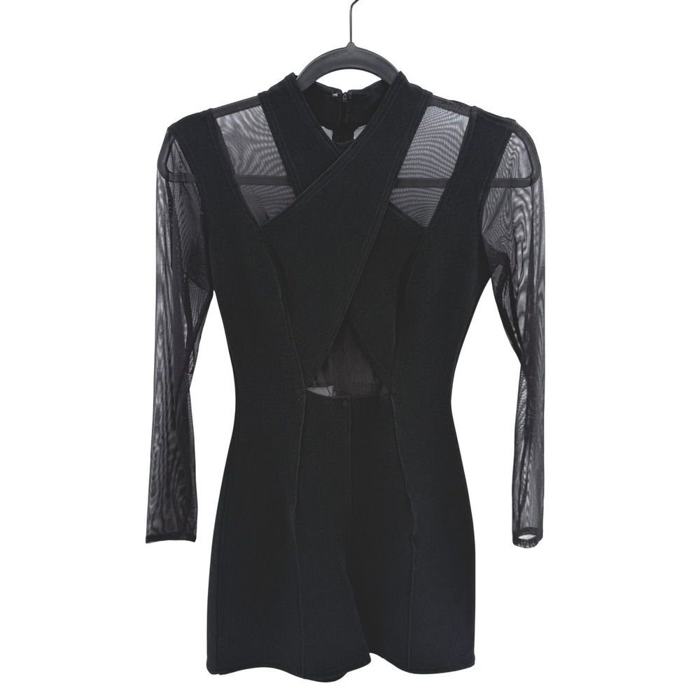 Vintage Tadashi Black Mesh Long Sleeve Bandage Romper Cutout Mock Neck Zip Back